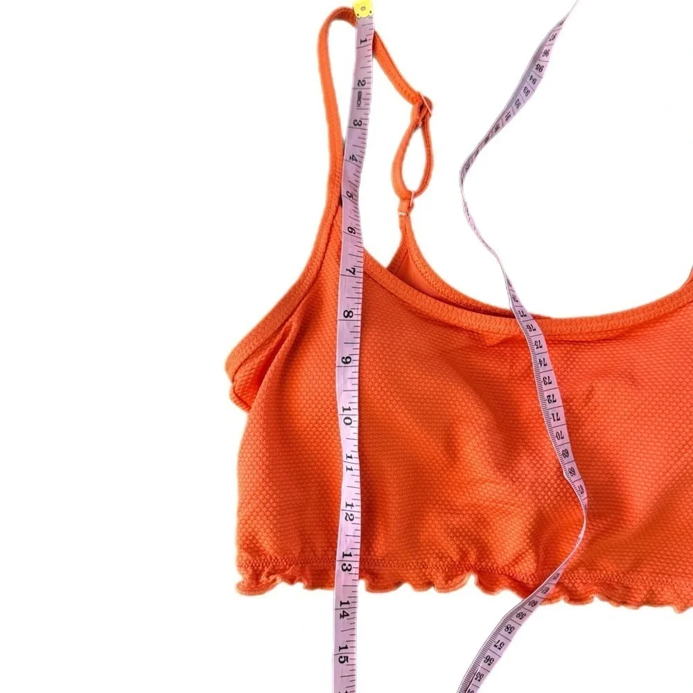 New Aerie Women’s Swimsuit Top Ribbed Lettuce Hem Size M Longline Bikini Orange